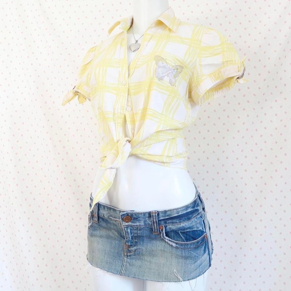 yellow plaid tie front blouse butterfly button up top short sleeve cottagecore